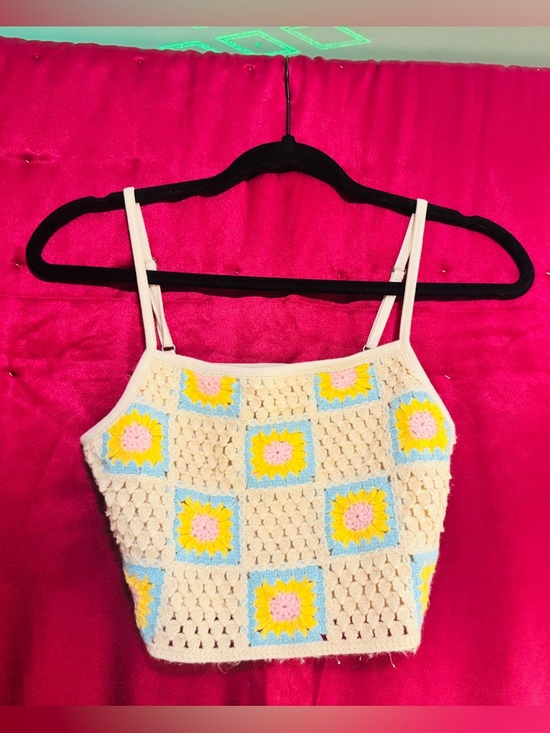 wild fable Tops - 👑 Size xs wild fable Cream Crochet Tank with Yellow, Blue, Pink Flower Squares